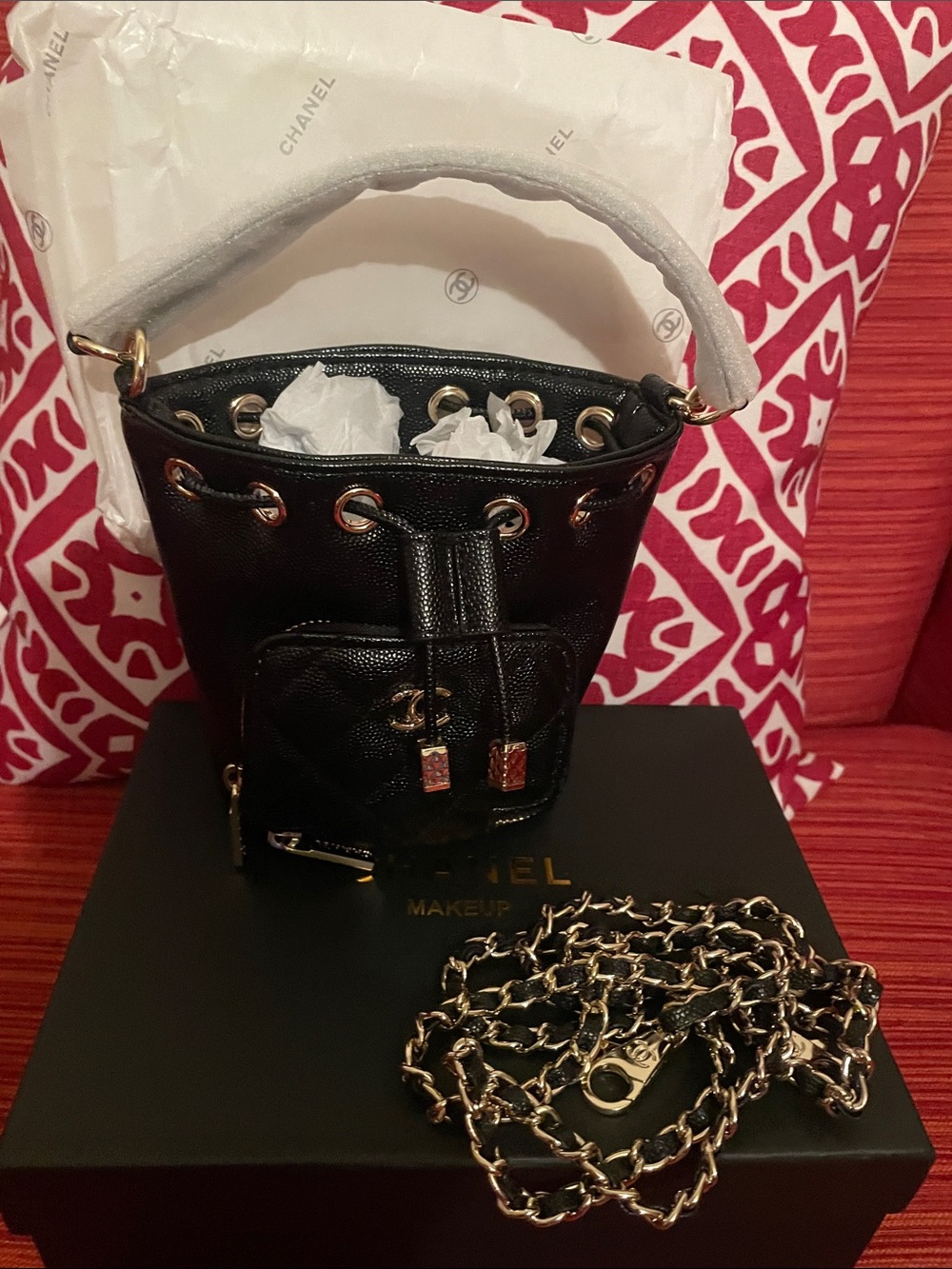 Make up Black Quilted Bucket Bag with Gold Hardware